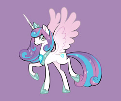 Size: 2953x2479 | Tagged: safe, artist:tingyo, imported from derpibooru, part of a set, princess flurry heart, pony, female, jewelry, mare, older, older flurry heart, purple background, raised hoof, regalia, simple background, smiling, solo