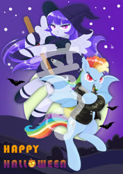 Size: 2480x3508 | Tagged: safe, artist:tingyo, imported from derpibooru, rainbow dash, oc, bat, bat pony, pegasus, pony, vampire bat pony, bat ponified, broom, clothes, colored pupils, costume, crossed arms, crossed hooves, ear piercing, earring, fangs, flying, flying broomstick, halloween, halloween costume, happy halloween, hat, holiday, jacket, jewelry, moon, night, obtrusive watermark, oc name needed, oc needed, piercing, race swap, rainbowbat, red eyes, short mane, smiling, vampire costume, watermark, witch costume, witch hat