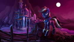 Size: 3840x2160 | Tagged: safe, artist:jedayskayvoker, imported from derpibooru, oc, oc only, oc:cobalt_de, pegasus, pony, background, canterlot, canterlot castle, clothes, costume, grin, latex, latex suit, looking at you, night, oc name needed, oc needed, scenery, shadowbolts, shadowbolts costume, signature, smiling