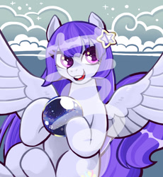 Size: 1102x1200 | Tagged: safe, artist:tingyo, imported from derpibooru, oc, oc only, pegasus, pony, crystal ball, hair accessory, hoof hold, jpg, obtrusive watermark, oc name needed, oc needed, smiling, solo, starry eyes, watermark, wingding eyes