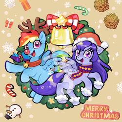 Size: 2362x2362 | Tagged: safe, artist:tingyo, imported from derpibooru, rainbow dash, oc, pegasus, pony, bell, bell collar, bow, candy, candy cane, canon x oc, christmas, clothes, collar, fake antlers, female, food, hat, holiday, holly, mare, merry christmas, obtrusive watermark, oc name needed, oc needed, pinecone, present, red nosed reindeer, reindeer dash, rudolph dash, santa hat, scarf, smiling, snow, snowflake, snowman, watermark, wreath