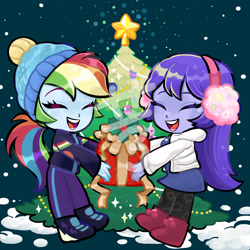 Size: 2362x2362 | Tagged: safe, artist:tingyo, imported from derpibooru, rainbow dash, oc, equestria girls, boots, canon x oc, christmas, christmas tree, clothes, cute, duo, earmuffs, eyes closed, female, hat, holiday, jacket, oc name needed, oc needed, present, shoes, smiling, snow, tree