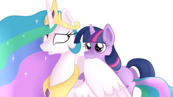 Size: 1600x900 | Tagged: safe, artist:jbond, imported from derpibooru, princess celestia, twilight sparkle, alicorn, pony, unicorn, butt, duo, female, filly, filly twilight sparkle, grooming, jewelry, lesbian, mare, plot, preening, regalia, shipping, simple background, twibutt, twilestia, unicorn twilight, white background, younger