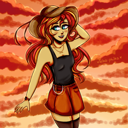 Size: 960x960 | Tagged: source needed, safe, artist:lelka-philka, imported from derpibooru, sunset shimmer, equestria girls, alternate hairstyle, blushing, chains, clothes, cloud, cute, female, hat, jewelry, nail polish, open mouth, ring, shimmerbetes, skirt, socks, solo, stockings, sun hat, tanktop, thigh highs, watch, wristwatch