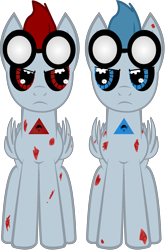 Size: 2643x4000 | Tagged: safe, artist:lt-fleur, imported from derpibooru, oc, oc only, pegasus, pony, robot, robot pony, fanfic:rainbow factory, blood, brothers, colt, creepypasta, duo, duo male, fanfic art, goggles, male, red and blue, siblings, simple background, transparent background, twins, vector