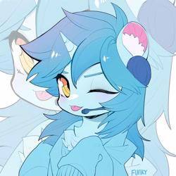 Size: 3000x3000 | Tagged: safe, artist:amo, imported from derpibooru, oc, oc only, oc:otakulight, pony, unicorn, bust, chest fluff, clothes, cute, ear fluff, female, headphones, headset, headworn microphone, hoodie, one eye closed, solo, tongue out, wink, zoom layer