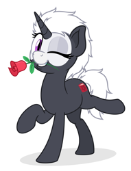 Size: 2290x3000 | Tagged: safe, anonymous artist, derpibooru exclusive, imported from derpibooru, oc, oc only, oc:s.leech, pony, unicorn, active stretch, commission, female, flower, flower in mouth, looking at you, mare, mouth hold, one eye closed, raised hoof, rose, rose in mouth, simple background, smiling, solo, vector, white background, wink