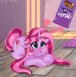 Size: 3376x3420 | Tagged: safe, artist:xjenn9, imported from derpibooru, oc, oc only, oc:dalorance, pony, unicorn, cute, eye clipping through hair, eyes on the prize, female, heart, horn, milka, ocbetes, product placement, solo