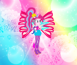 Size: 1044x875 | Tagged: safe, artist:magical-mama, artist:selenaede, artist:user15432, imported from derpibooru, pinkie pie, fairy, human, equestria girls, alternate hairstyle, bare shoulders, barely eqg related, base used, clothes, colored wings, crossover, fairy wings, fairyized, fins, flower, flower in hair, gradient wings, hairstyle, hand on hip, long hair, pink flowers, pink wings, ponied up, ponytail, rainbow background, rainbow s.r.l, shoes, sirenix, solo, sparkly background, strapless, wings, winx, winx club, winxified