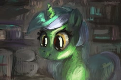 Size: 1876x1244 | Tagged: safe, anonymous artist, imported from derpibooru, lyra heartstrings, pony, unicorn, abstract background, dark, painterly, smiling, sneaky, solo, whiskers