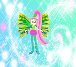 Size: 1098x975 | Tagged: safe, artist:selenaede, artist:user15432, imported from derpibooru, fluttershy, fairy, human, equestria girls, alternate hairstyle, arms wide open, barely eqg related, base used, clothes, colored wings, crossover, fairy wings, fairyized, fins, gradient wings, hairstyle, long hair, open arms, ponied up, ponytail, rainbow s.r.l, shoes, sirenix, solo, sparkly background, wings, winx, winx club, winxified, yellow wings