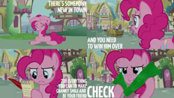 Size: 1280x720 | Tagged: safe, edit, edited screencap, editor:quoterific, imported from derpibooru, screencap, cranky doodle donkey, pinkie pie, donkey, earth pony, pony, a friend in deed, season 2, breaking the fourth wall, eyes closed, female, fourth wall, hoof hold, male, mare, stallion