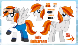 Size: 1200x699 | Tagged: safe, artist:jennieoo, imported from derpibooru, oc, oc only, oc:felix gulfstream, pegasus, pony, clothes, cutie mark, flight suit, goggles, male, reference, reference sheet, show accurate, solo, stallion, thinking