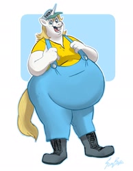 Size: 1593x2048 | Tagged: safe, alternate version, artist:sambaba, imported from derpibooru, prince blueblood, anthro, unicorn, alternate personalities, belly, bhm, bluebuck, bucktooth, bumpkin, farmer, fat, happy, hick, male, personality change, prince blueblob, simple background, white background