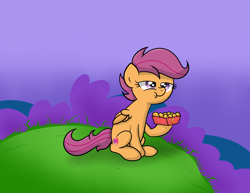 Size: 5582x4300 | Tagged: safe, artist:background basset, imported from derpibooru, scootaloo, pegasus, pony, cannibalism joke, chicken meat, chicken nugget, eating, female, food, meat, nugget, ponies eating meat, request, requested art, sitting, solo, this will end in sickness