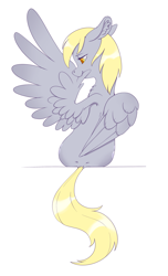 Size: 2169x3575 | Tagged: safe, artist:taytinabelle, imported from derpibooru, derpy hooves, pegasus, pony, back dimples, both cutie marks, butt, dimples of venus, dock, ear fluff, female, floppy ears, grooming, lidded eyes, mare, preening, rear view, simple background, solo, spread wings, white background, wings