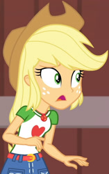 Size: 1920x3057 | Tagged: safe, imported from derpibooru, screencap, applejack, equestria girls, equestria girls series, holidays unwrapped, spoiler:eqg series (season 2), applejack's hat, belt, clothes, cowboy hat, cropped, cutie mark, cutie mark on clothes, denim skirt, female, geode of super strength, hat, jewelry, magical geodes, necklace, open mouth, skirt, solo, the cider louse fools