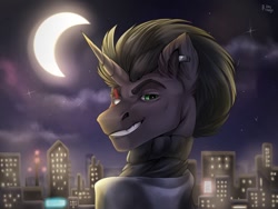 Size: 1280x960 | Tagged: safe, artist:raychelrage, imported from derpibooru, oc, oc only, pony, unicorn, background, black hair, city, cityscape, clothes, cloud, ear piercing, earring, horn, jewelry, missing eye, moon, piercing, scar, scarf, solo, town, unicorn oc