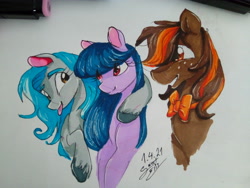 Size: 4160x3120 | Tagged: safe, artist:elisdoominika, imported from derpibooru, oc, oc only, oc:cosmia nebula, oc:fahu, oc:sweet elis, hug, smiling, tongue out, traditional art