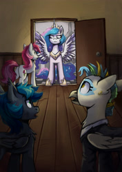 Size: 2894x4093 | Tagged: safe, artist:ami-gami, artist:amy-gamy, imported from derpibooru, princess celestia, roseluck, oc, oc:janet (fine print), oc:spark gap, alicorn, bat pony, earth pony, hippogriff, fanfic:fine print, bat pony oc, bat wings, hallway, high res, surprised, wings