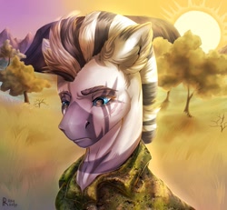 Size: 1107x1024 | Tagged: safe, artist:raychelrage, imported from derpibooru, oc, oc only, pony, zebra, africa, black and white mane, blue eyes, clothes, military uniform, sad, scar, solo, striped mane, sunrise, uniform, zebra oc, zebrica