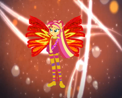 Size: 1009x811 | Tagged: safe, artist:selenaede, artist:user15432, imported from derpibooru, sunset shimmer, fairy, human, starfish, equestria girls, alternate hairstyle, barely eqg related, base used, boots, bubble, clothes, colored wings, crossover, fairy wings, fairyized, fins, gloves, gradient wings, hairpin, hairstyle, hands together, long hair, motorcross, ponied up, ponytail, rainbow s.r.l, red wings, shoes, sirenix, solo, sparkly background, wings, winx, winx club, winxified