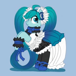 Size: 2000x2000 | Tagged: safe, artist:mediocremare, imported from derpibooru, oc, oc only, earth pony, pony, blue background, clothes, cosplay, costume, cuffs (clothes), eyelashes, female, hatsune miku, headphones, mare, pigtails, ponified, rearing, simple background, skirt, solo, vocaloid