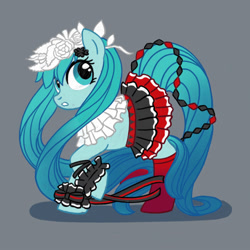 Size: 2000x2000 | Tagged: safe, artist:mediocremare, imported from derpibooru, earth pony, pony, clothes, cosplay, costume, cuffs (clothes), eyelashes, female, gray background, hatsune miku, high res, mare, ponified, raised hoof, simple background, skirt, socks, solo, vocaloid
