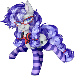 Size: 3681x3710 | Tagged: safe, artist:_spacemonkeyz_, imported from derpibooru, oc, oc only, oc:cinnabyte, earth pony, pony, bandana, clothes, glasses, headset, high res, simple background, socks, solo, stockings, striped socks, thigh highs, transparent background