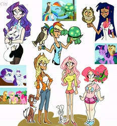 Size: 2472x2662 | Tagged: safe, artist:citi, imported from derpibooru, screencap, angel bunny, applejack, fluttershy, gummy, opalescence, owlowiscious, pinkie pie, rainbow dash, rarity, tank, twilight sparkle, winona, bird, dog, falcon, human, may the best pet win, breasts, busty fluttershy, clothes, cutie mark, cutie mark accessory, cutie mark on clothes, eyes closed, height difference, high res, humanized, mane six, pets, scene interpretation, screencap reference