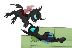 Size: 2284x1539 | Tagged: safe, artist:moonatik, imported from derpibooru, oc, oc only, oc:coxa, oc:mimesis, changeling, book, changeling oc, commission, couch, cute, cute little fangs, fangs, flying, gay, looking at each other, lying, lying down, lying on couch, male, on back, pillow, red changeling, simple background, tongue out, transparent background