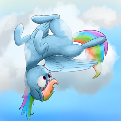 Size: 1024x1024 | Tagged: safe, artist:laurada, imported from derpibooru, rainbow dash, pegasus, pony, cloud, female, grooming, mare, on a cloud, preening, sky, solo