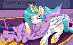 Size: 3000x1850 | Tagged: safe, artist:novaspark, imported from derpibooru, princess celestia, twilight sparkle, alicorn, pony, april fools 2021, blushing, crown, dialogue, embarrassed, feather, female, floppy ears, grooming, hoof shoes, jewelry, mare, preening, regalia, twilight sparkle (alicorn), wavy mouth