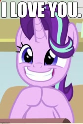 Size: 500x743 | Tagged: safe, edit, edited screencap, imported from derpibooru, screencap, starlight glimmer, pony, unicorn, a horse shoe-in, caption, cropped, cute, female, glimmerbetes, grin, i love you, image macro, smiling, solo, text