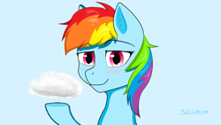 Size: 1440x810 | Tagged: safe, artist:littleiceage, imported from derpibooru, rainbow dash, pony, blushing, cloud, looking at you, ms paint, simple background, solo