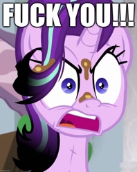 Size: 854x1080 | Tagged: safe, edit, edited screencap, imported from derpibooru, screencap, starlight glimmer, pony, unicorn, a horse shoe-in, angry, burned, burnt mane, caption, cropped, female, image macro, mare, scorched, solo, text, vulgar