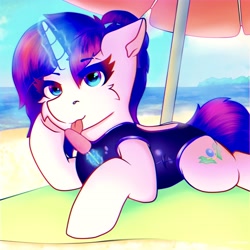 Size: 3086x3086 | Tagged: safe, artist:legionsunite, imported from derpibooru, oc, oc:magenta pulse, pony, unicorn, beach, chromatic aberration, clothes, female, high res, ocean, one-piece swimsuit, open-back swimsuit, sand, swimsuit, umbrella