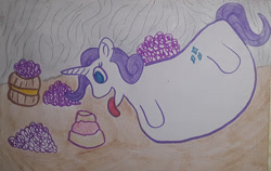 Size: 1280x807 | Tagged: safe, artist:dex stewart, imported from derpibooru, rarity, pony, unicorn, belly, belly bed, big belly, cake, eating, fat, food, huge belly, impossibly large belly, raritubby, solo, tongue out, traditional art