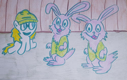 Size: 1280x807 | Tagged: safe, artist:dex stewart, imported from derpibooru, oc, oc:fargate, earth pony, pony, rabbit, animal, aqua teen hunger force, darrel, easter bunny, the easter bunny's twin brother, traditional art, twins