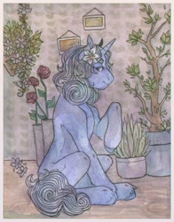 Size: 1691x2160 | Tagged: safe, artist:soudooku, imported from derpibooru, oc, oc only, pony, unicorn, background pony, flower, flower in hair, solo, traditional art, watercolor painting