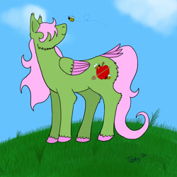 Size: 2000x2000 | Tagged: safe, artist:ponypumpkinpatch, imported from derpibooru, oc, oc only, oc:honeycrisp, bee, insect, pegasus, pony, cheek fluff, cloud, colt, female, filly, grass, hair over eyes, high res, looking at something, male, offspring, parent:big macintosh, parent:fluttershy, parents:fluttermac, pegasus oc, sky, solo, tail feathers, unshorn fetlocks, wings
