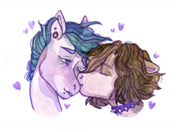 Size: 1438x1080 | Tagged: safe, artist:soudooku, imported from derpibooru, oc, earth pony, pony, cheek kiss, gay, kiss on the cheek, kissing, male, traditional art, watercolor painting