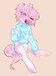 Size: 1920x2595 | Tagged: safe, artist:soudooku, imported from derpibooru, oc, oc only, earth pony, pony, bubble, bubblegum, clothes, food, gum, solo, sweater
