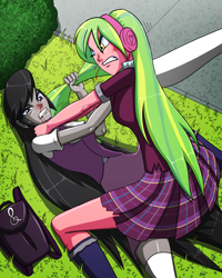 Size: 2880x3600 | Tagged: safe, artist:artemis-polara, imported from derpibooru, lemon zest, octavia melody, equestria girls, backpack, blood, bruised, catfight, choking, clothes, commission, fight, grass, hair pulling, high res, skirt, torn clothes