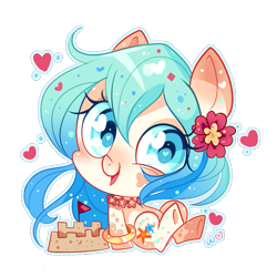 Size: 589x589 | Tagged: safe, artist:ipun, imported from derpibooru, oc, oc only, oc:seascape, earth pony, pony, blushing, bracelet, chibi, coat markings, cute, dappled, female, flower, flower in hair, happy, heart eyes, jewelry, lei, mare, ocbetes, open mouth, sandcastle, simple background, sitting, solo, transparent background, underhoof, wingding eyes