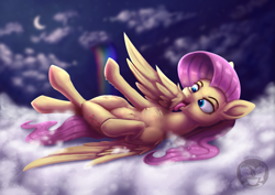 Size: 1323x935 | Tagged: safe, artist:calena, imported from derpibooru, fluttershy, pegasus, pony, cloud, cute, female, grooming, lying down, mare, moon, night, on back, preening, rainbow, shyabetes, solo, stars, tongue out, wings