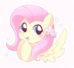 Size: 2048x1904 | Tagged: safe, artist:arrow__root, artist:ginmaruxx, imported from derpibooru, fluttershy, pegasus, pony, blushing, bust, cherry blossoms, cute, daaaaaaaaaaaw, female, flower, flower blossom, flower in hair, mare, open mouth, pink background, shyabetes, simple background, solo