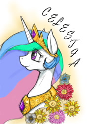 Size: 736x992 | Tagged: safe, artist:a.s.e, imported from derpibooru, princess celestia, alicorn, pony, crown, female, flower, jewelry, regalia, simple background, smiling, solo, solo female, white background