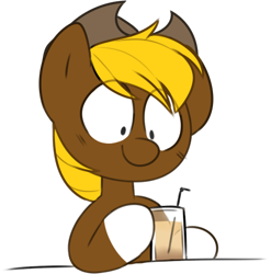 Size: 564x571 | Tagged: safe, artist:2k.bugbytes, imported from ponybooru, oc, oc only, oc:acres, earth pony, pony, blonde, blonde mane, brown coat, cowboy hat, drink, eye clipping through hair, glass, hat, male, simple background, smiling, solo, stallion, straw, transparent background
