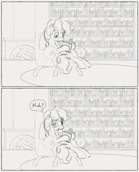 Size: 1116x1382 | Tagged: safe, artist:dotkwa, oc:dotmare, earth pony, pony, 2 panel comic, book, bookshelf, chair, comic, fireplace, library, monochrome, reading, rug, smiling, speech bubble